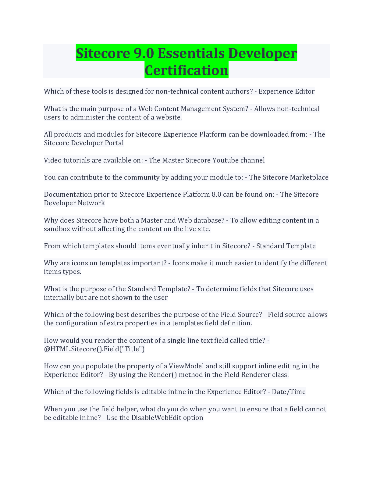Preview image for Sitecore 9.0 Essentials Developer Certification Questions And Answers